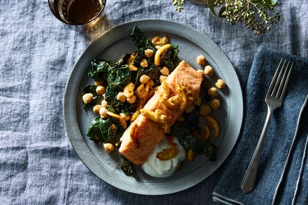 Slow-roasted salmon with kale, chickpeas & fried lemons 