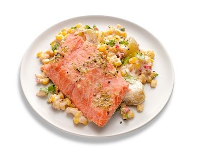 Slow-roasted salmon with Mexican creamed corn