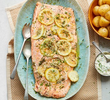 Slow-roasted salmon with potato salad & dill & mustard mayonnaise