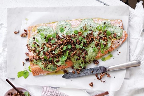 Slow-roasted salmon with walnut & sumac tarator