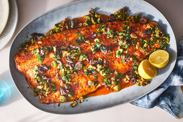 Slow-roasted salmon with walnut-olive vinaigrette