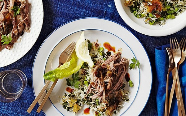 Slow-roasted shoulder of lamb with lettuce and sekanjabin