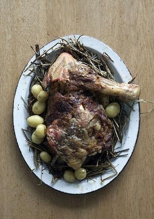 Slow-roasted shoulder of lamb, smoked potatoes and mint sauce