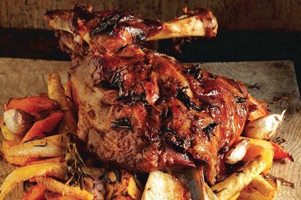 Slow-roasted shoulder of lamb with rosemary root vegetables and Mum's mint relish