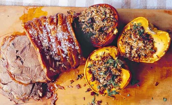 Slow-roasted shoulder of pork with stuffed squash