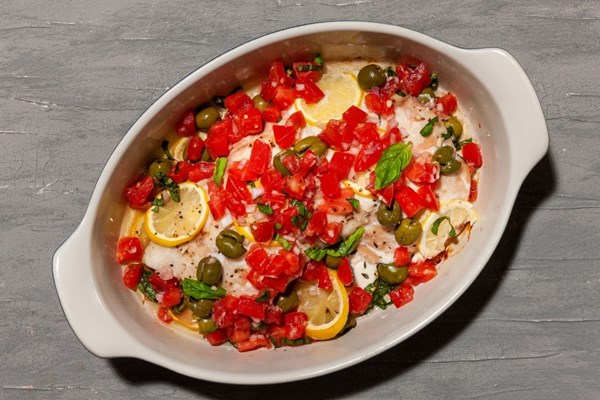 Slow-roasted snapper with olive and tomato salad