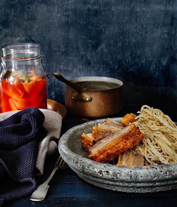 Slow-roasted spiced pork with pickled quince and celeriac rémoulade