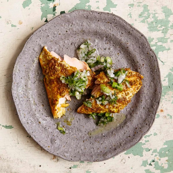 Slow-roasted spiced salmon with herb salsa