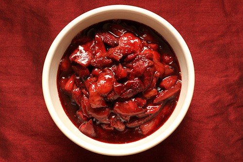 Slow roasted spicy strawberries in balsamic vinegar and red wine