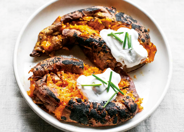 Slow-roasted sweet potatoes with garlic labneh