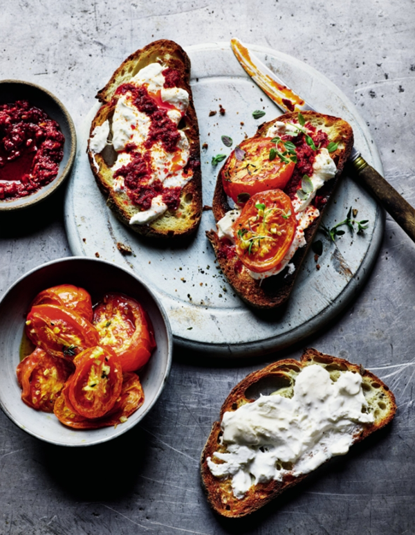 Slow-roasted tomato and harissa tartine