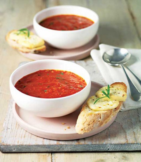Slow-roasted tomato and red pepper soup with Crottin de Chavignol croûtes