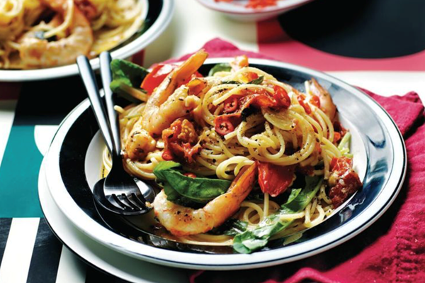 Slow-roasted tomato, garlic and prawn spaghetti