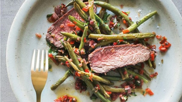 Slow roasted tri-tip steak with green beans and chilli
