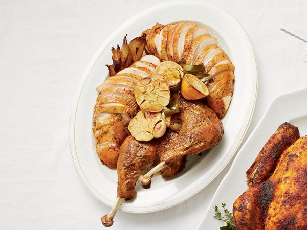 Slow-roasted turkey legs with dry-brined breast
