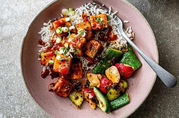 Smacked cucumber & radish salad with spicy tofu and rice
