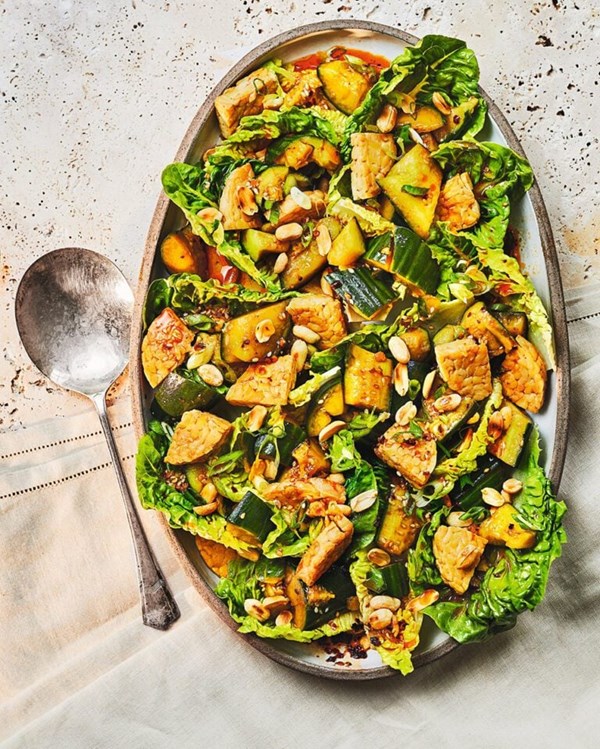Smacked cucumber, tempeh and peanut salad 