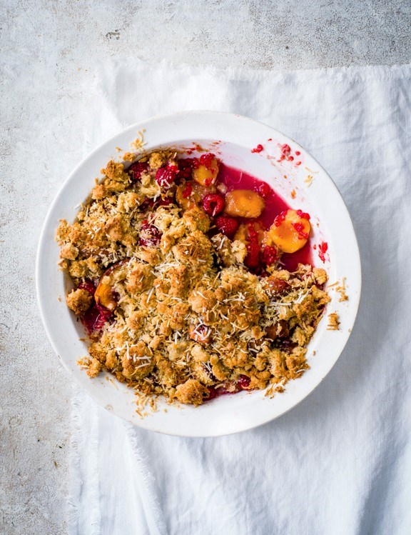 Smacked peach Melba crumble