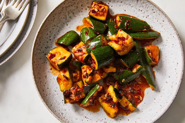 Smacked zucchini salad with chile oil & black vinegar