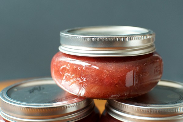 Small batch strawberry rhubarb jam with rose flower water