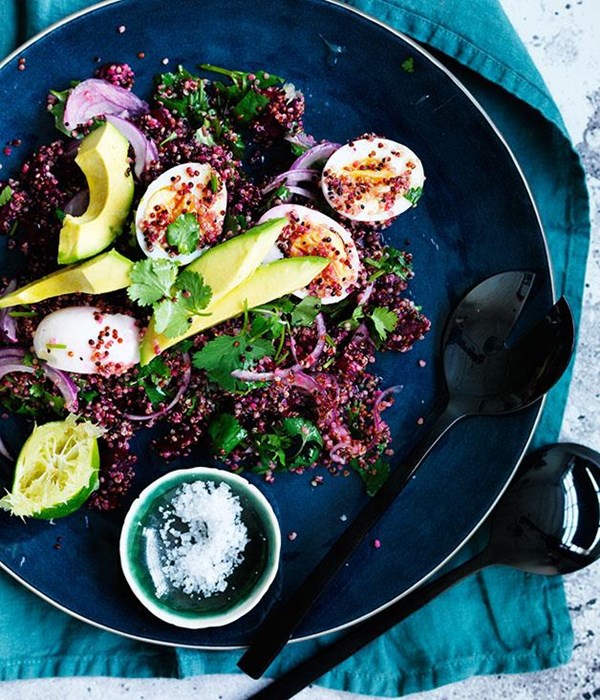 Smashed beetroot, quinoa, egg and avocado salad