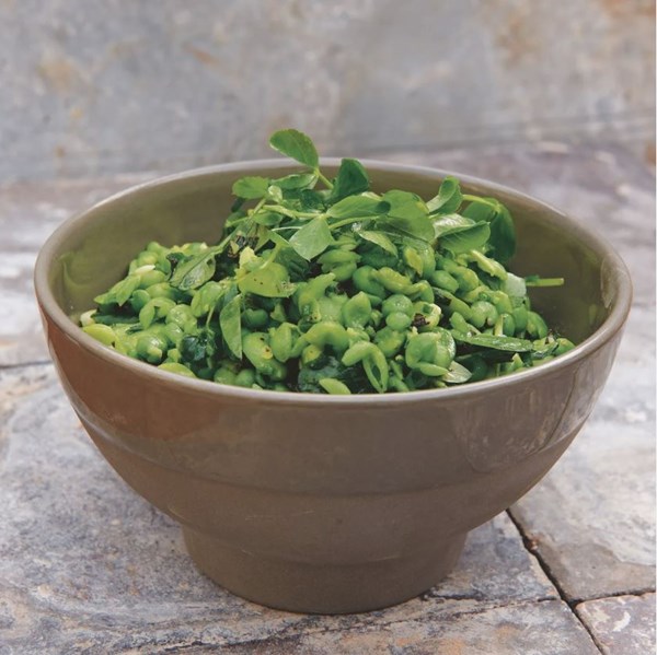 Smashed broad beans, pea salad and mint