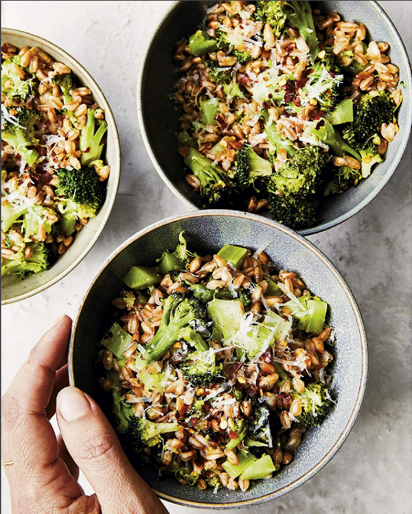 Smashed broccoli pecorino farro bowls