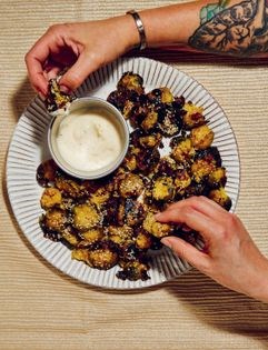 Smashed Brussels sprouts and garlic mayonnaise