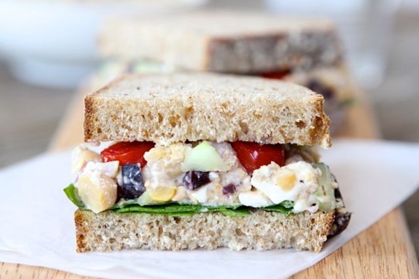 Smashed chickpea Greek salad sandwich