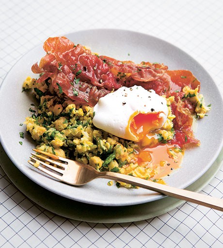 Smashed chickpeas, crispy prosciutto, and perfect poached eggs