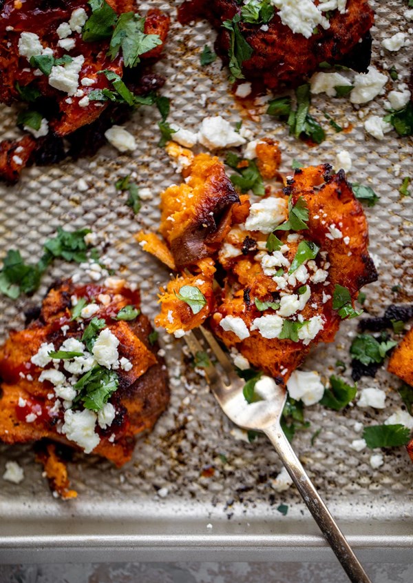 Smashed chili sweet potatoes