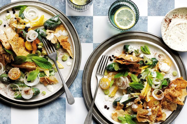 Smashed cucumber and dukkah-crumbed fattoush