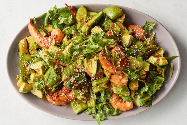 Smashed cucumber, avocado and shrimp salad