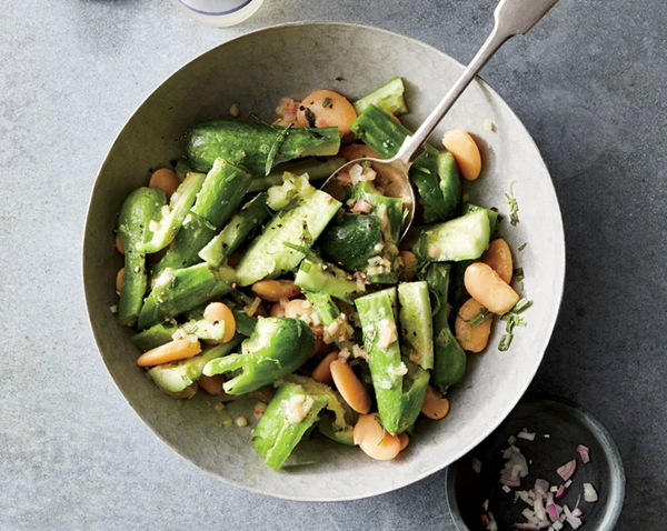Smashed cucumber salad with butter beans and tarragon