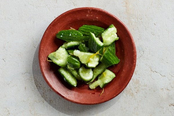 Smashed cucumber salad with lemon and celery salt 