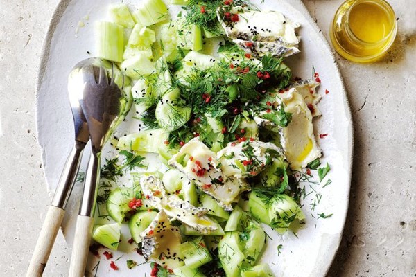 Smashed cucumber with sheep's milk cheese