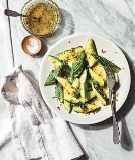 Smashed cucumbers with mustard vinaigrette