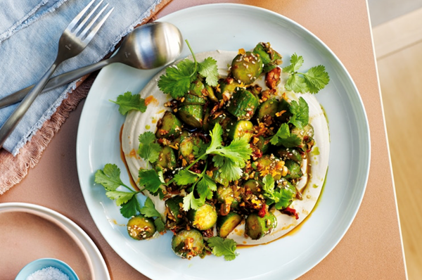 Smashed cucumbers with tahini and coriander oil