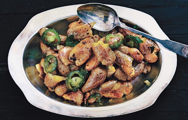 Smashed fingerlings with jalapeños