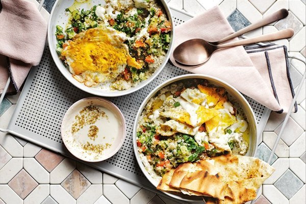 Smashed fried eggs, baba ganoush, tabouli