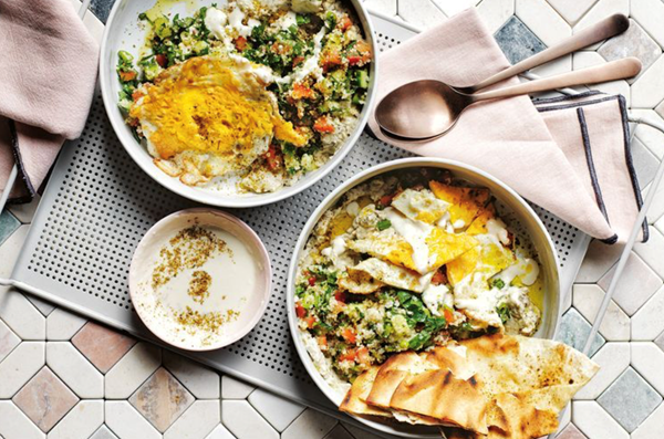 Smashed fried eggs, baba ganoush, tabouli