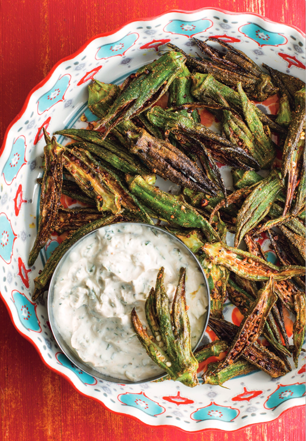 Smashed fried okra with spicy yogurt dipping sauce