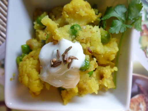 Smashed Indian potatoes with lazy raita