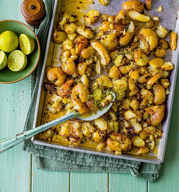 Smashed Jersey Royals with hot honey and lime