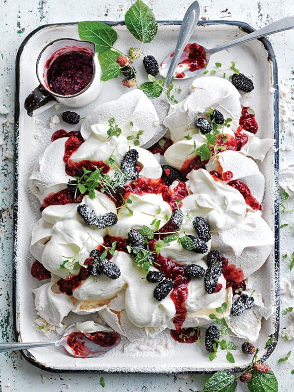 Smashed Pavlova with mulberries and roasted raspberry jam