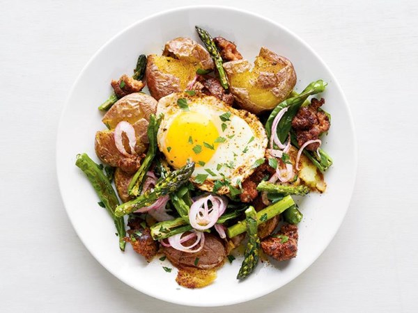 Smashed potato-chorizo hash