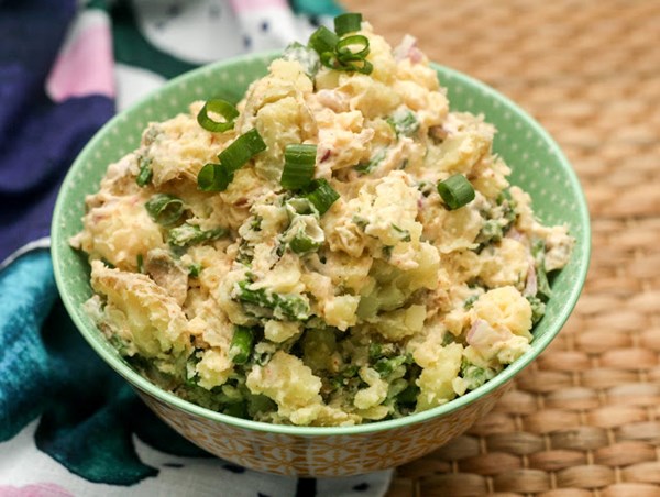 Smashed potato salad with asparagus