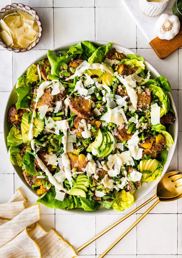 Smashed potato spring salad with creamy lemon dressing