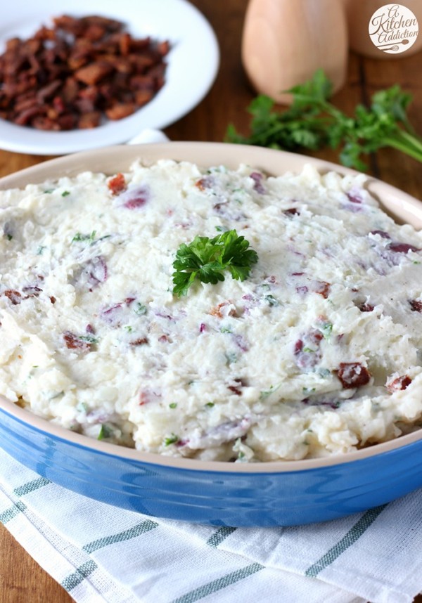 Smashed potatoes with bacon and parsley