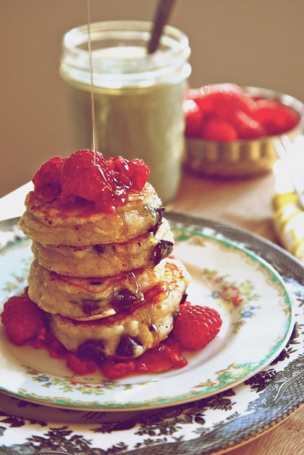 Smashed raspberry chocolate chunk pancakes